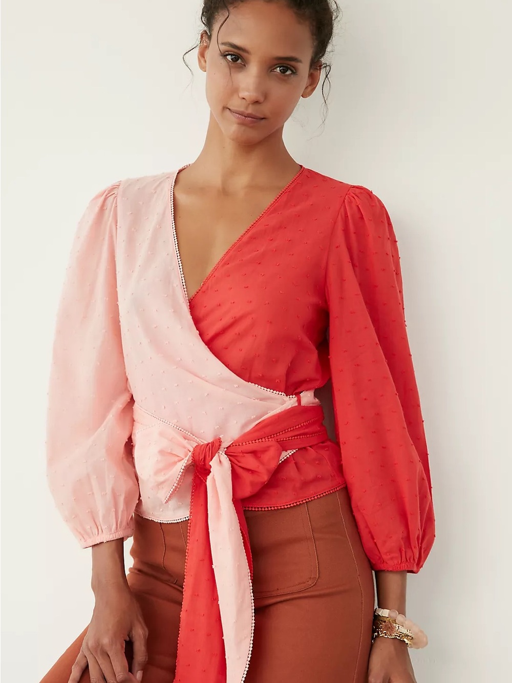 FARM rio 100% cotton anthropologie Two-Tone Pink Red Wrap Blouse with Tie Waist